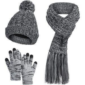 Womens Winter Beanie Hat Scarf Gloves Set 3 in 1 Thick Knit Warm Pompom Cap